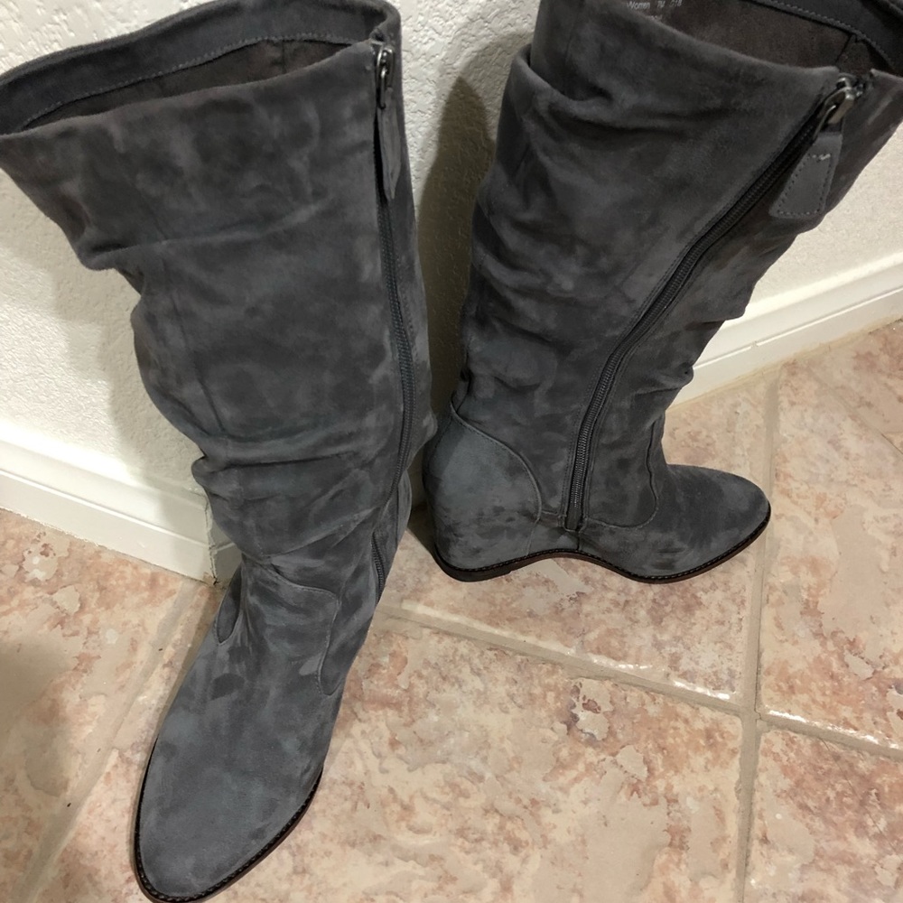 Gray Suede Wedge Heel Boots